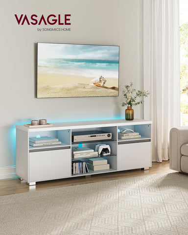 Stand with LED Lights 70 Inch, Entertainment Center with Open Glass Shelves, 2 Cabinets with Doors, 63 Long, TV Console for Bedroom Living Room, White ULTV330T10, 63 X 15.7 X 23.6 Inches