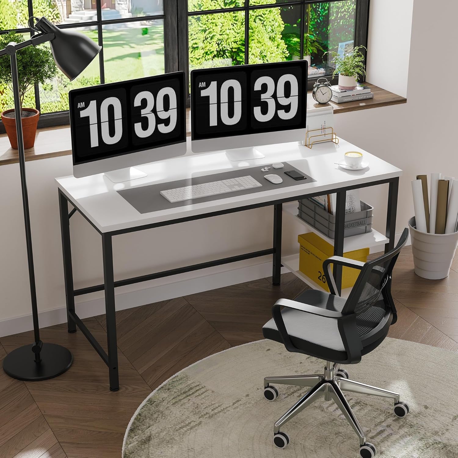 55 Inch Computer Desk with 2-Tier Shelf, Home Office Desk with Wood Table and Metal Frame, White