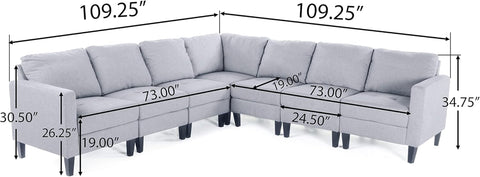 Zahra Fabric Sectional Couch, 7-Pcs Set, Light Grey