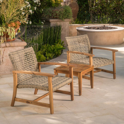 Hampton Outdoor Mid-Century Wicker Club Chairs with Acacia Wood Frame, 2-Pcs Set, Natural Stained / Grey