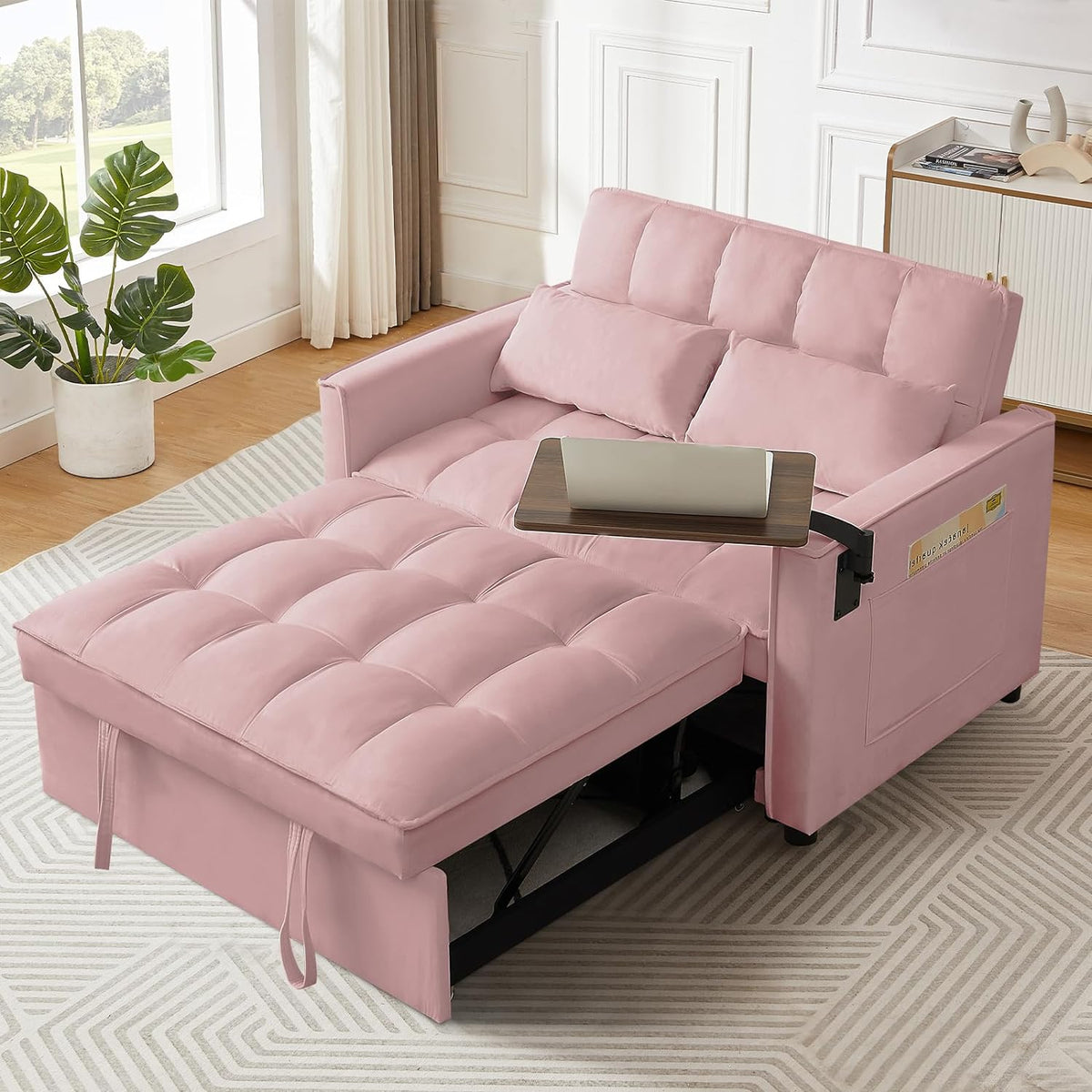 3 in 1 Sleeper Sofa Couch Bed, Pull Out Loveseat with Storage, Full Size Velvet Convertible Chair with 2 Pockets & 2 Pillows for Living Room