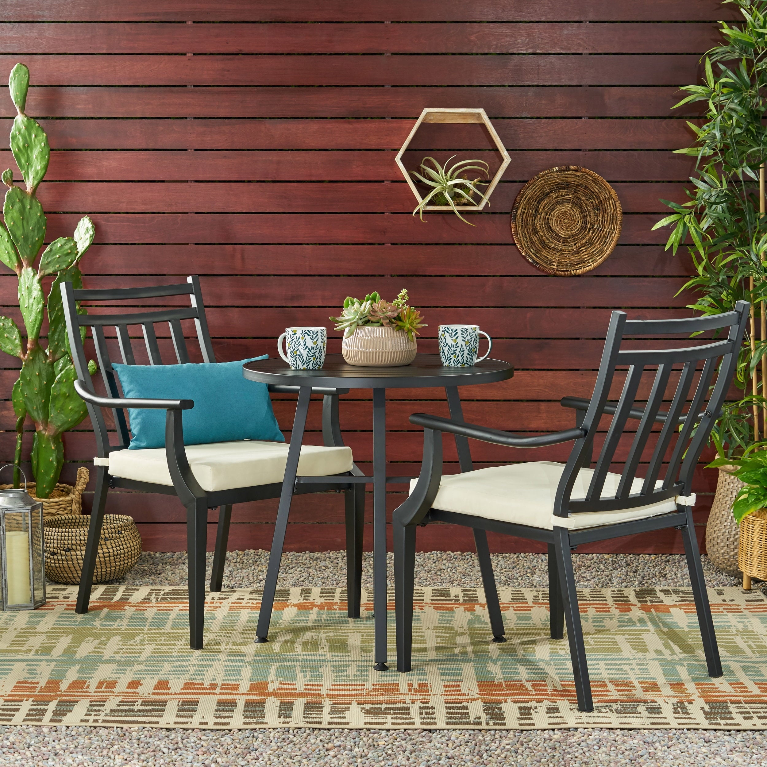 Brandywine Outdoor 3 Piece Bistro Set with Cushion, Matte Black and Beige