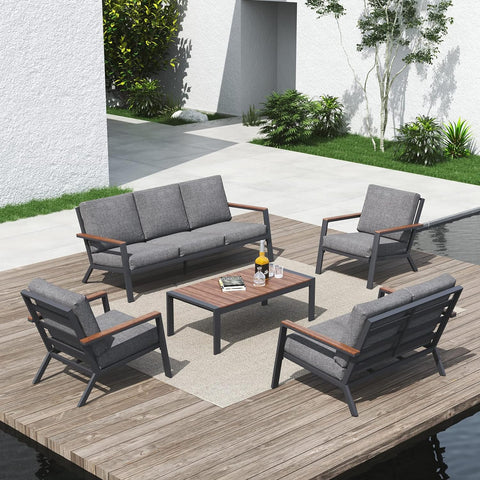 Aluminum Patio Furniture Set with FSC Certified Solid Wood Top Armrest & Coffee Table, Outdoor Deep Seating Sectional Sofa, 5 Piece Conversation Sets W/Removable Cushion, Dark Grey