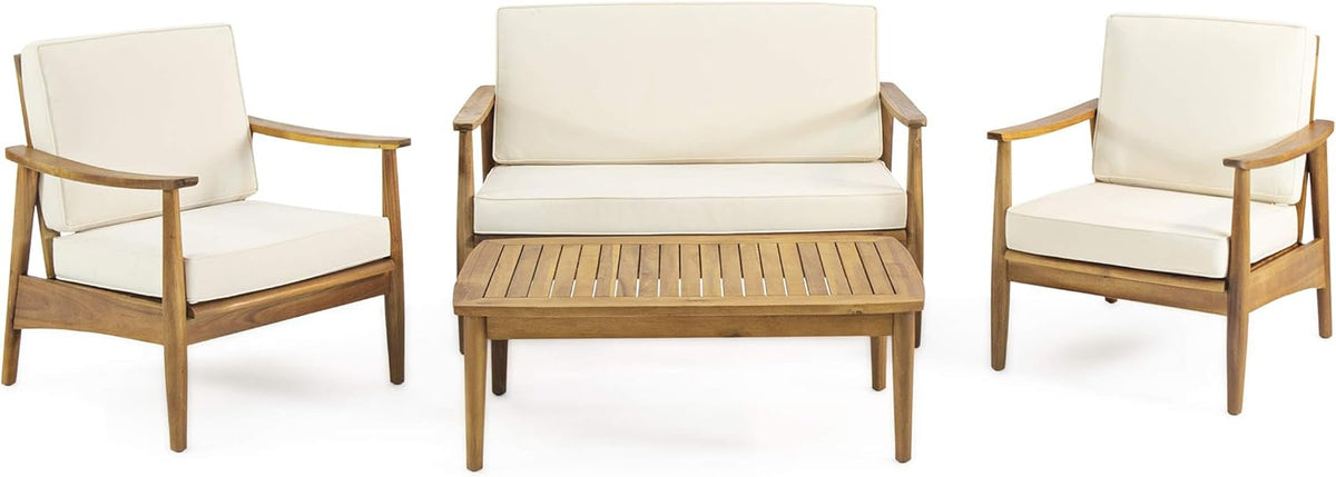 Felix Outdoor Acacia Wood 4 Seater Chat Set with Coffee Table, Teak Finish, Beige