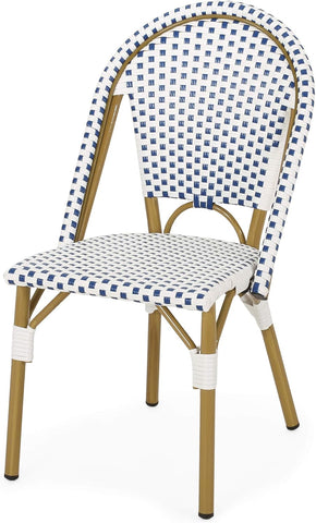 Philomena Outdoor French Bistro Chair (Set of 2), Blue + White + Bamboo Print Finish