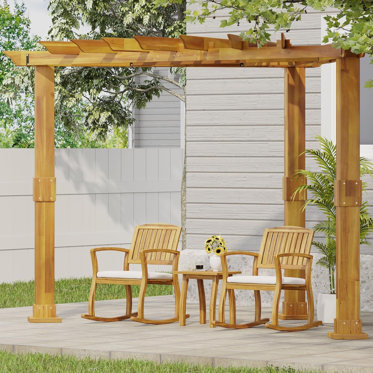 Lucca Outdoor Acacia Wood 3 Piece Rocking Chair Chat Set and Triangle Pergola, 24 "W X 33.25 "D X 35.75 "H, Teak + Black + Cream