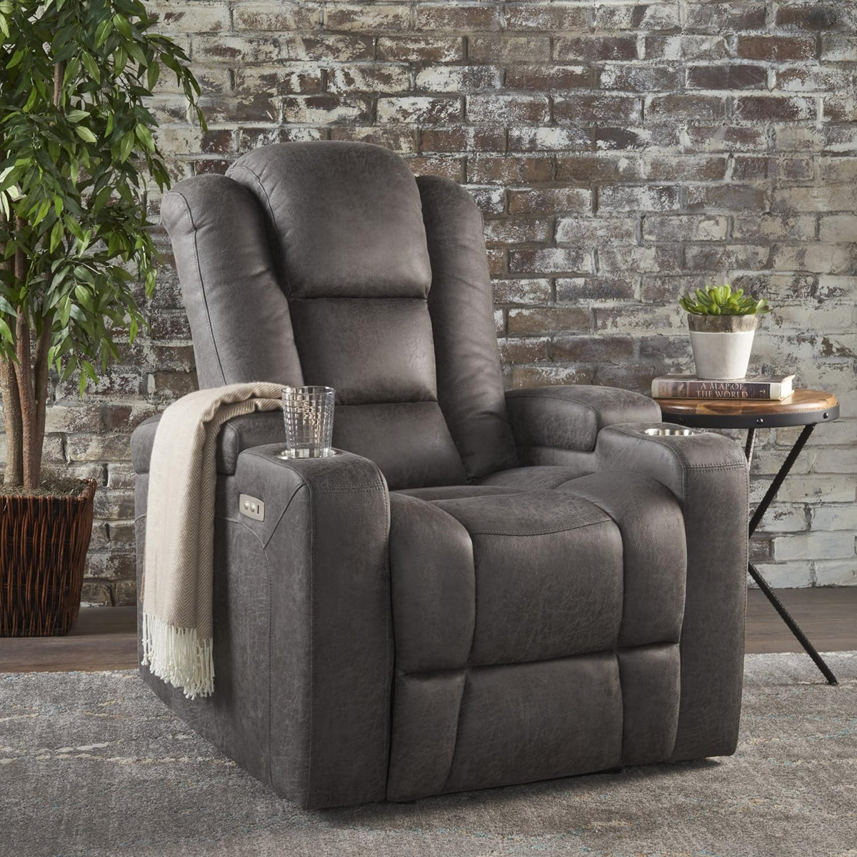 Emersyn Tufted Microfiber Power Recliner with Arm Storage and USB Cord, Slate / Black 38.75D X 33W X 41.75H In