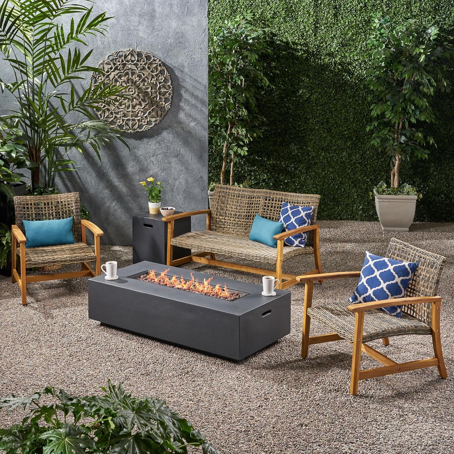 Augusta Outdoor 5 Piece Acacia Wood and Wicker Chat Set with Fire Pit, 52 "W X 31 "D X 31.5 "H, Gray + Natural + Dark Gray