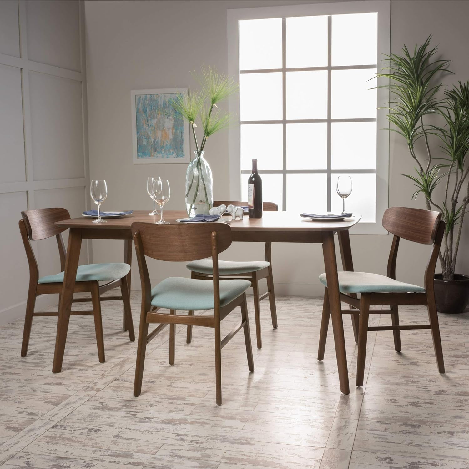 Lucious 60" Rectangular Dining Set, 5-Pcs Set, Natural Walnut / Mint