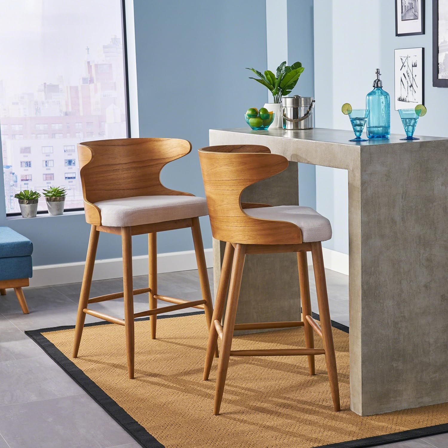Gdfstudio  Truda Mid Century Modern Fabric Barstools Set of 2 in Light Beige