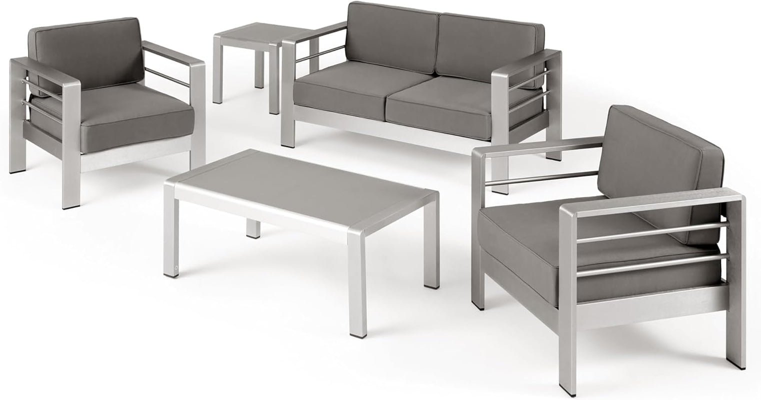 Cape Coral Outdoor 4 Seater Aluminum Chat Set with Side Table, 32.00 "W X 27.5 "D X 24.6 "H, Silver + Khaki