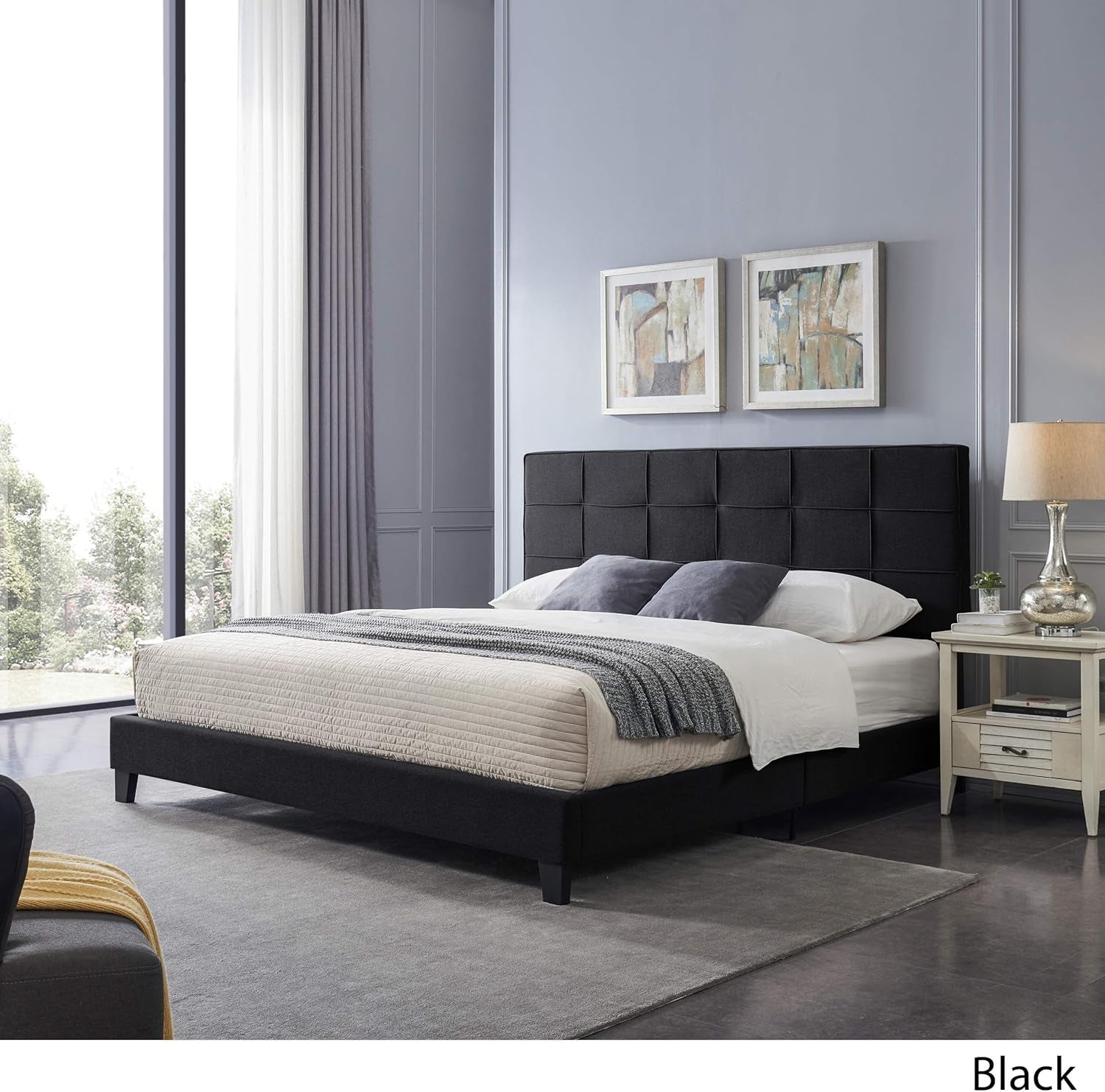 Contemporary Upholstered King Bed Platform, Black