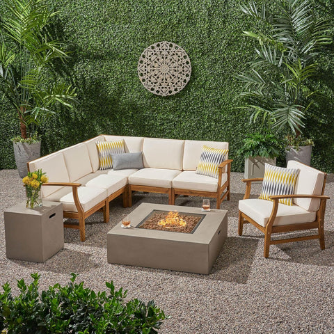 Illona Outdoor 6 Seater Acacia Wood Sofa Set with Square Fire Table and Tank, 23.75 "W X 28 "D X 32.75 "H, Teak + Cream + Light Gray