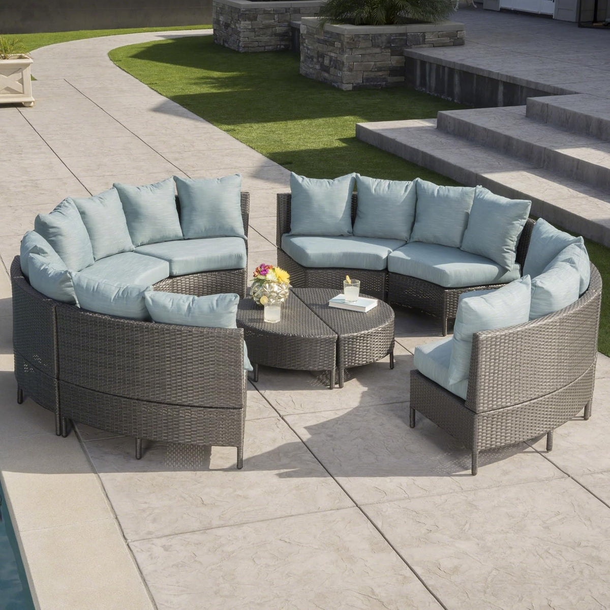 Newton Outdoor 16-Seater Wicker Sectional Sofa Set with Water Resistant Cushions, Grey / Teal