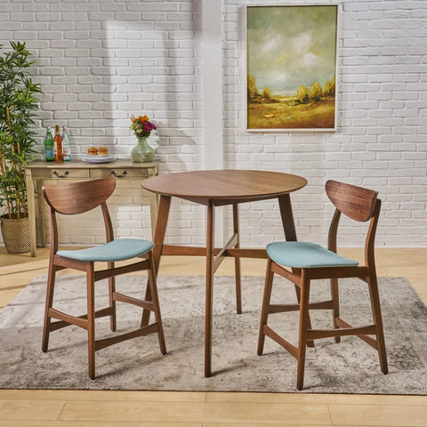 Cedric Mid Century Modern Fabric Upholstered Counter Height 3 Piece Bistro Set, Mint and Walnut