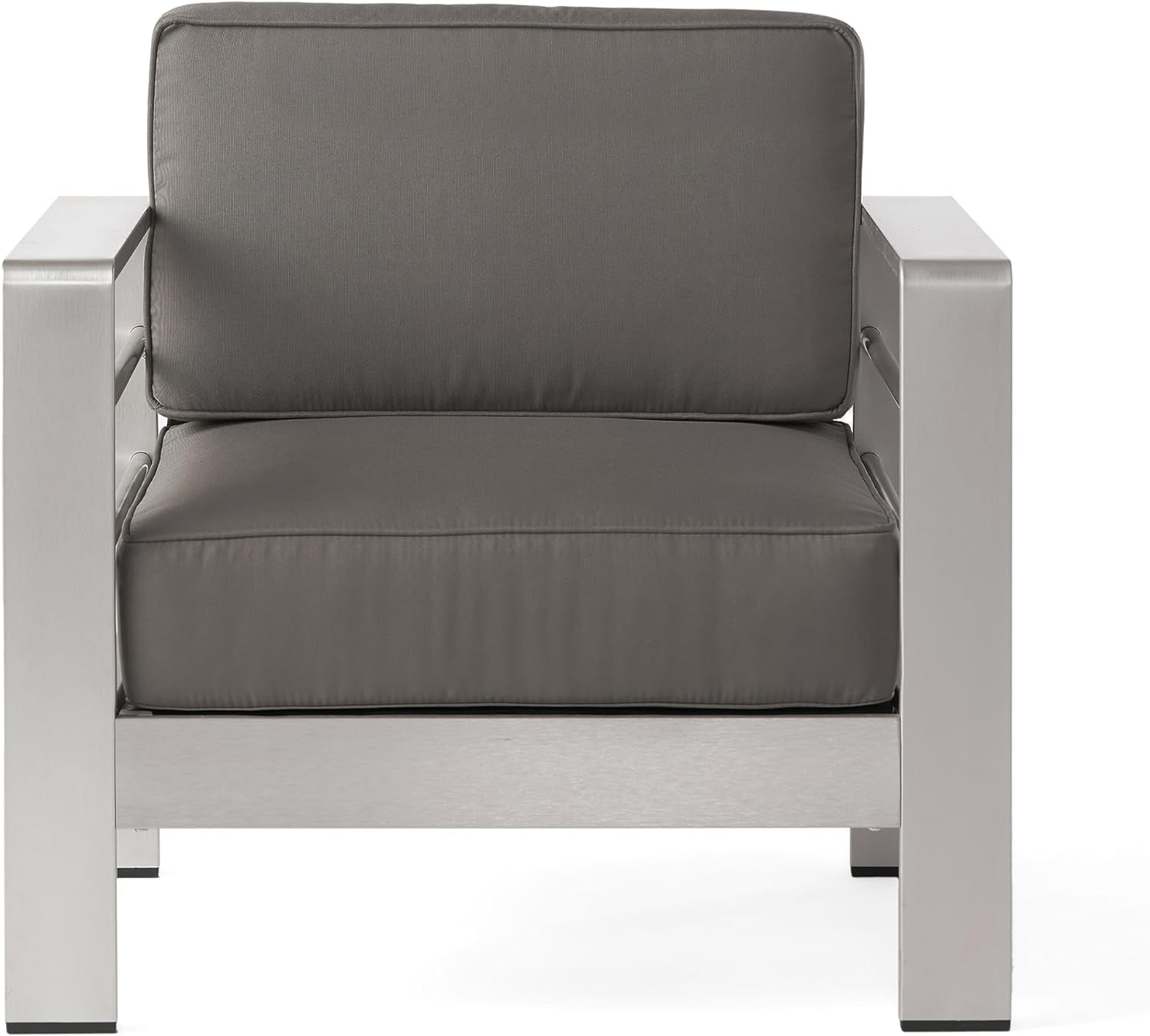 Cape Coral Outdoor 5 Seater Aluminum Sofa Chat Set with 2 Side Tables, 32.00 "W X 27.5 "D X 24.6 "H, Silver + Khaki