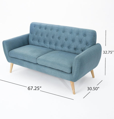 Bernice Mid-Century Modern Tufted Fabric Sofa, Blue / Natural