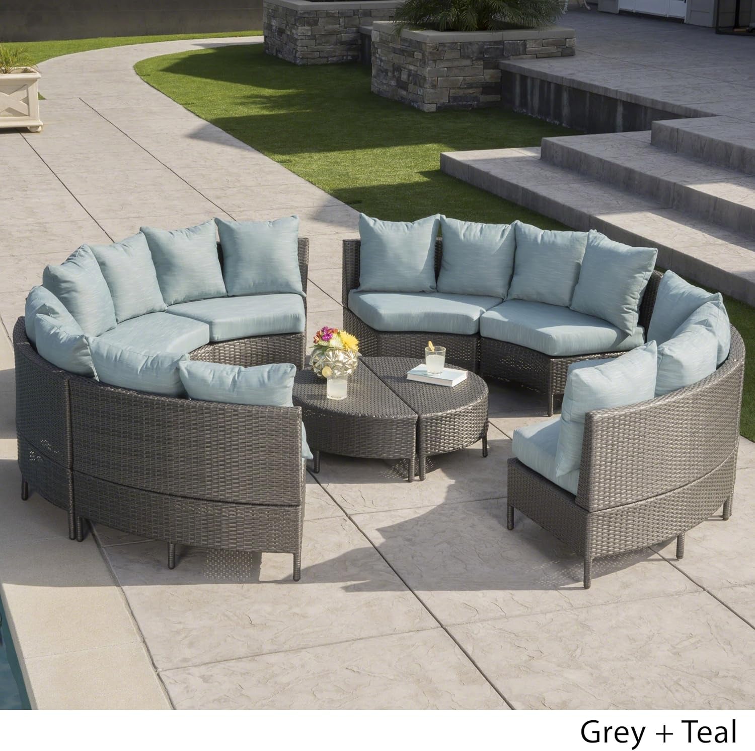 Newton Outdoor 16-Seater Wicker Sectional Sofa Set with Water Resistant Cushions, Grey / Teal