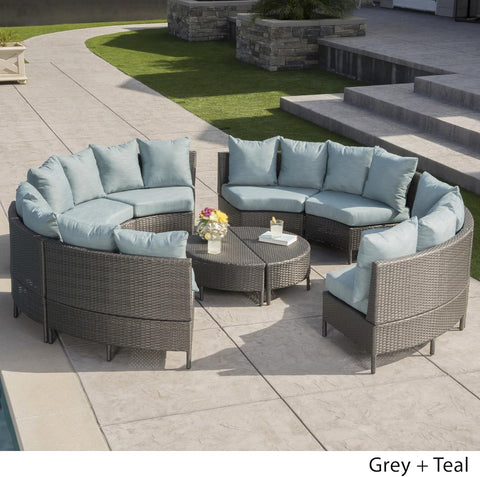 Newton Outdoor 16-Seater Wicker Sectional Sofa Set with Water Resistant Cushions, Grey / Teal