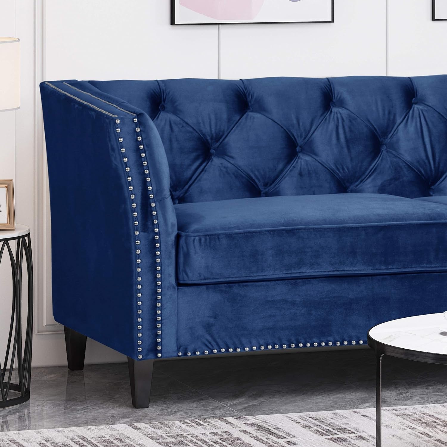 Sunny Velvet 3 Seater Sofa, Midnight Blue, Dark Brown