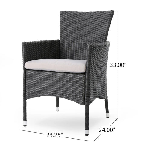 Brantly Outdoor Acacia Wood and Wicker 3 Piece Bistro Set with Cushions, Gray and Light Gray