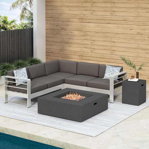 Cape Coral Outdoor V-Shaped Sofa Set with Fire Table, Khaki / Dark Grey