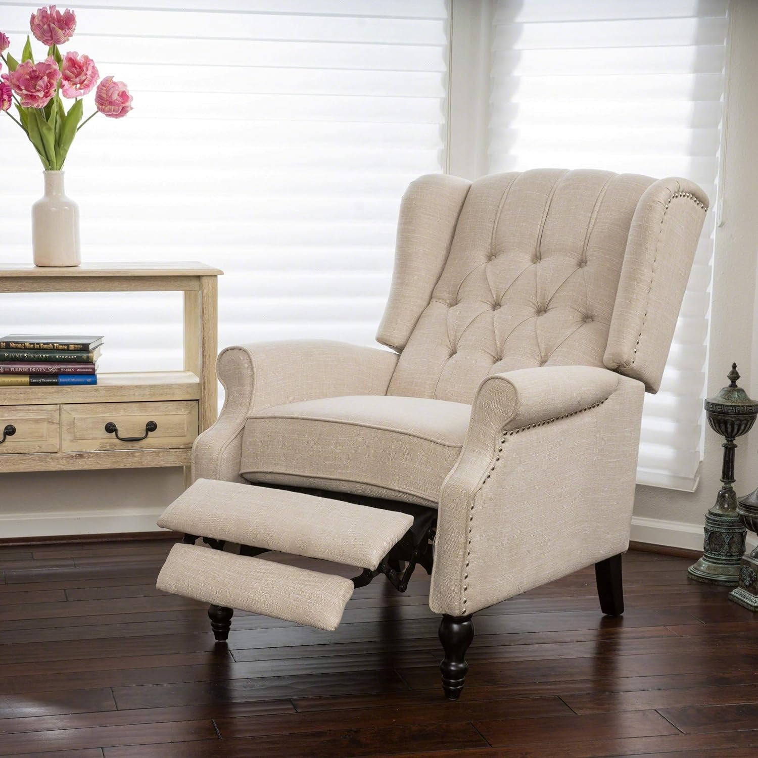 GDF Studio Elizabeth Tufted Fabric Recliner, Vintage Reclining Reading Armchair, Light Beige