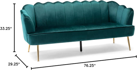 Reitz Channel Stitch 3 Seater Shell Sofa - Velvet - Teal/Gold