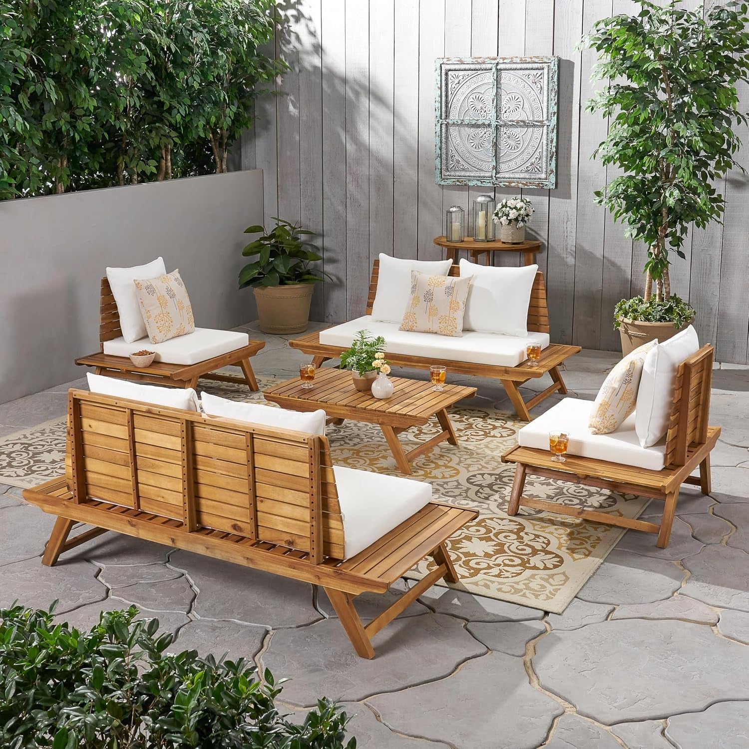 Sedona Outdoor Acacia Wood 6 Seater Chair Loveseat Cushions Chat Patio Furniture Conversation Sets with Coffee Table, 37 "W X 28.25 "D X 29.5 "H, Teak + White
