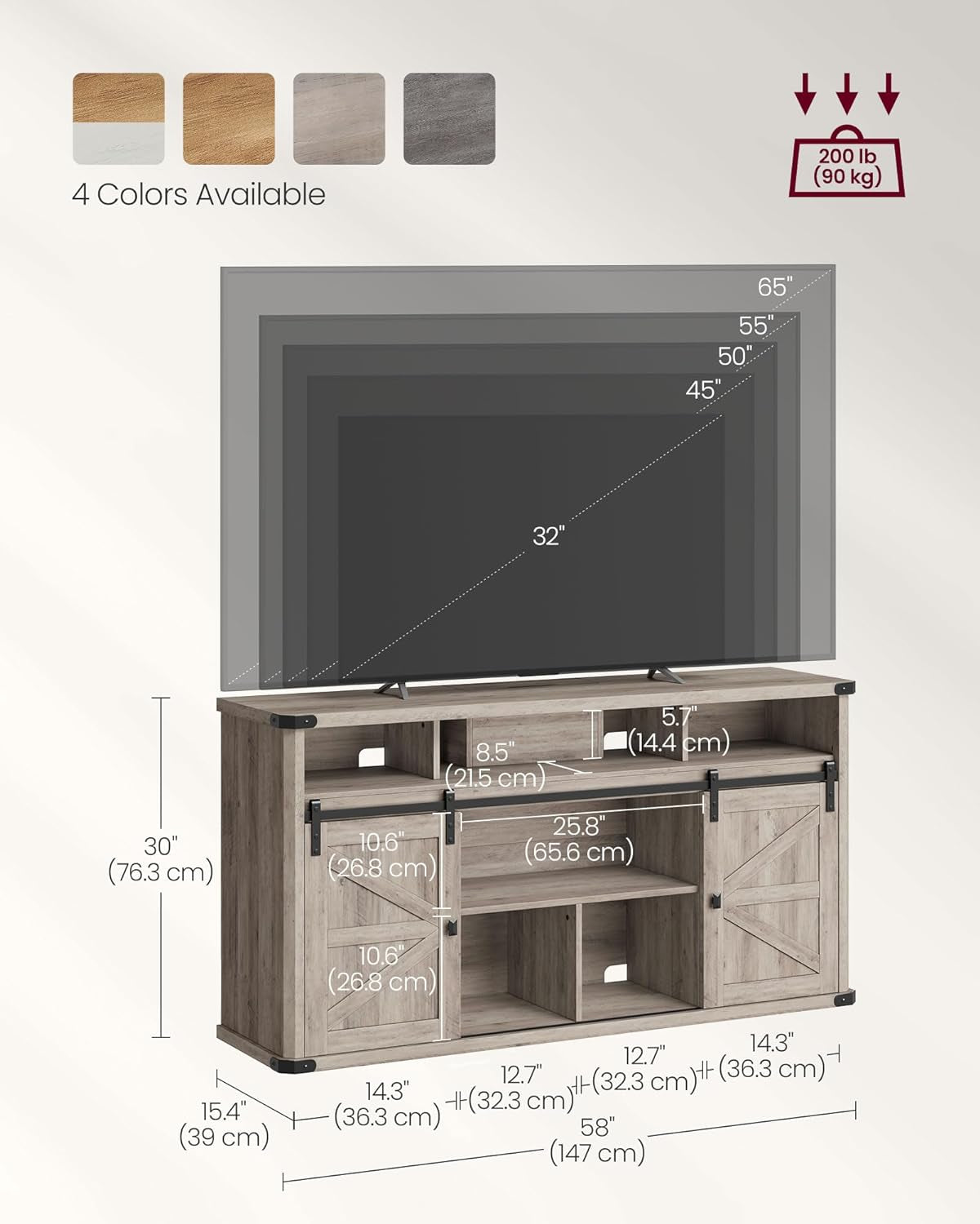 TV Stand for Tvs up to 65 Inches, Farmhouse Entertainment Center with Sliding Barn Doors, TV Console Table for Living Room, Heather Greige ULTV322K02