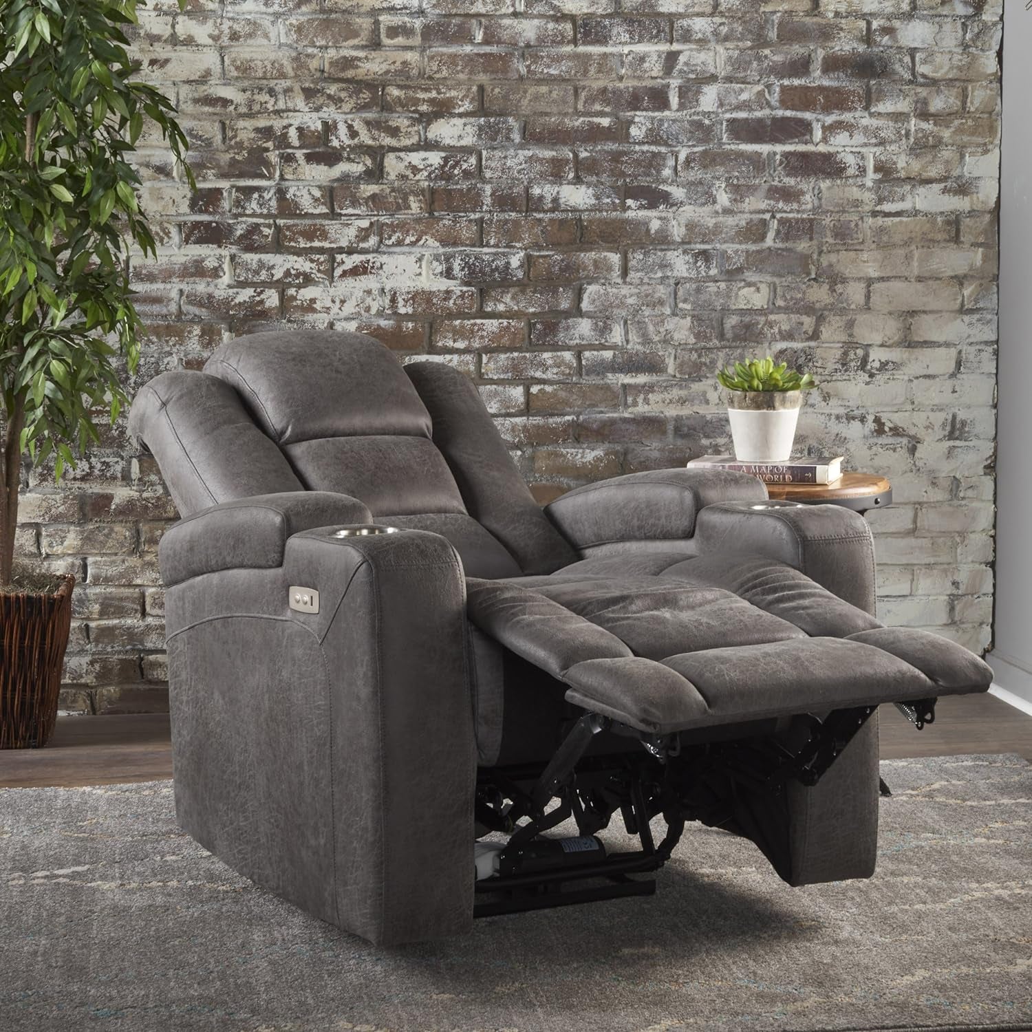 Emersyn Tufted Microfiber Power Recliner with Arm Storage and USB Cord, Slate / Black 38.75D X 33W X 41.75H In