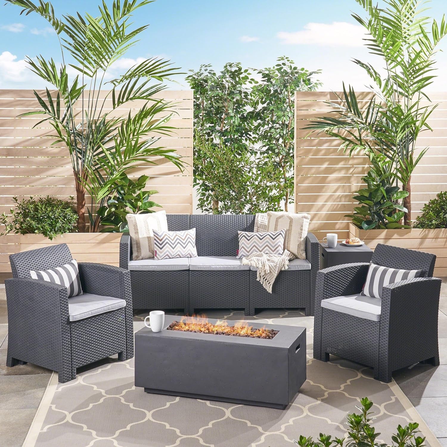 Mercier Outdoor 5-Seater Wicker Print Chat Set with Fire Pit and Tank Holder, 26.5 "W X 26 "D X 30 "H, Charcoal + Light Gray + Dark Gray