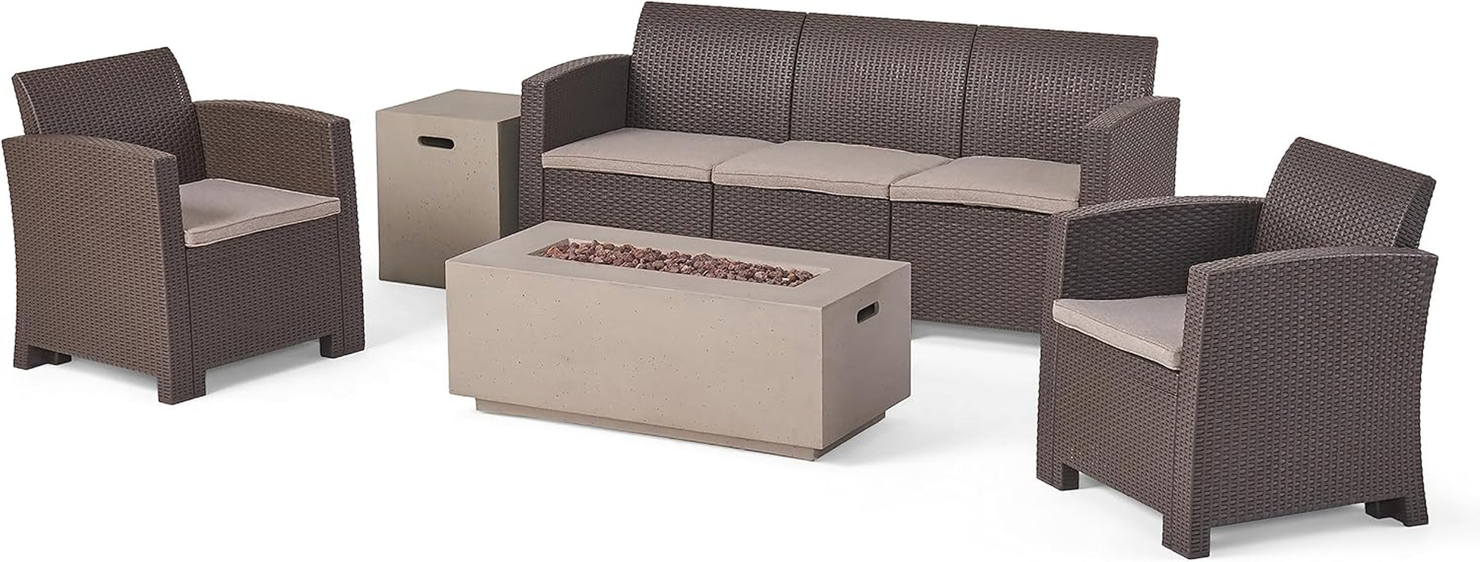 Mercier Outdoor 5-Seater Wicker Print Chat Set with Fire Pit and Tank Holder, 26.5 "W X 26 "D X 30 "H, Brown + Mixed Beige + Light Gray