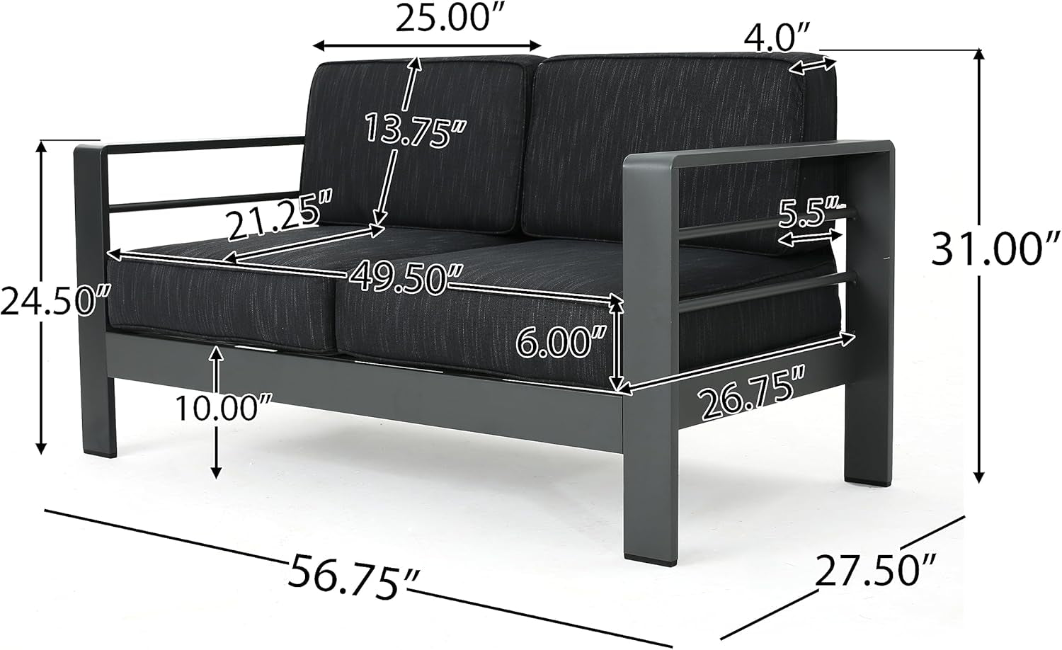 Cape Coral Outdoor Aluminum 5 Piece Loveseat Chat Set Water Resistant Cushions Grey Square Fire Table, 32.00 "W X 27.5 "D X 24.6 "H, Dark Gray + Gray