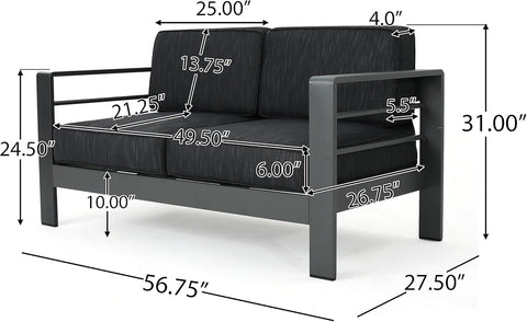 Cape Coral Outdoor Aluminum 5 Piece Conversation Set with Water Resistant Cushions and Rectangular Fire Table, 56.75 "W X 27.5 "D X 24.5 "H, Gray + Dark Gray + Light Gray