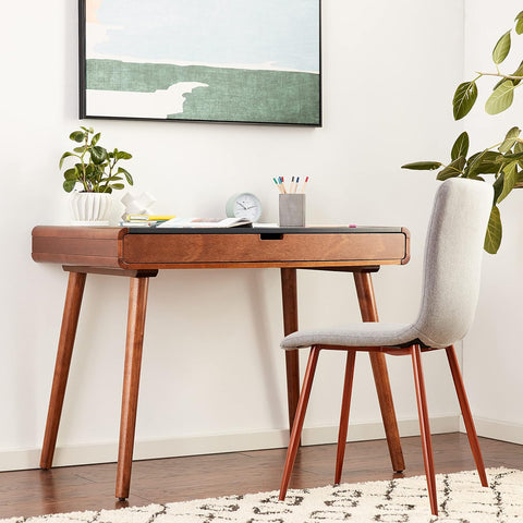 Peninah Mid-Century Rubberwood Writing Desk, Charcoal Grey / Medium Brown