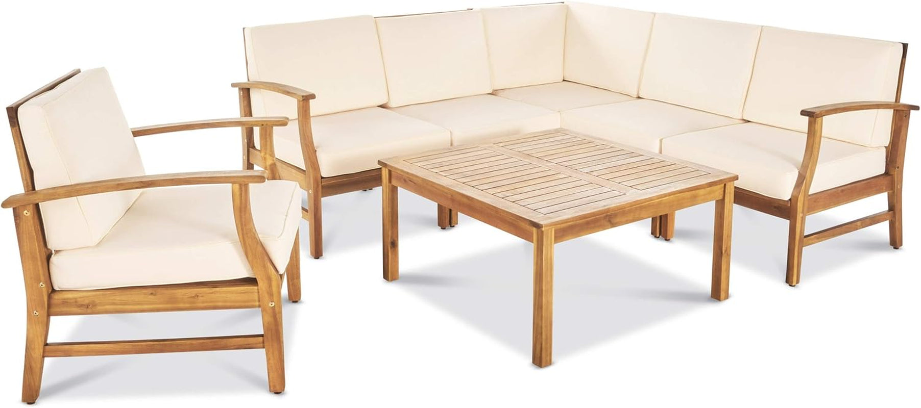 Perla Outdoor Acacia Wood Sofa Set with Water Resistant Cushions, 7-Pcs Set, Teak Finish / Cream