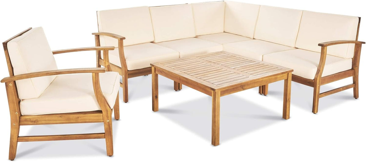Perla Outdoor Acacia Wood Sofa Set with Water Resistant Cushions, 7-Pcs Set, Teak Finish / Cream