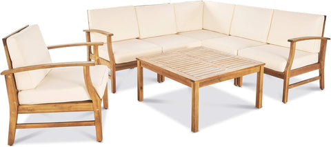 Perla Outdoor Acacia Wood Sofa Set with Water Resistant Cushions, 7-Pcs Set, Teak Finish / Cream