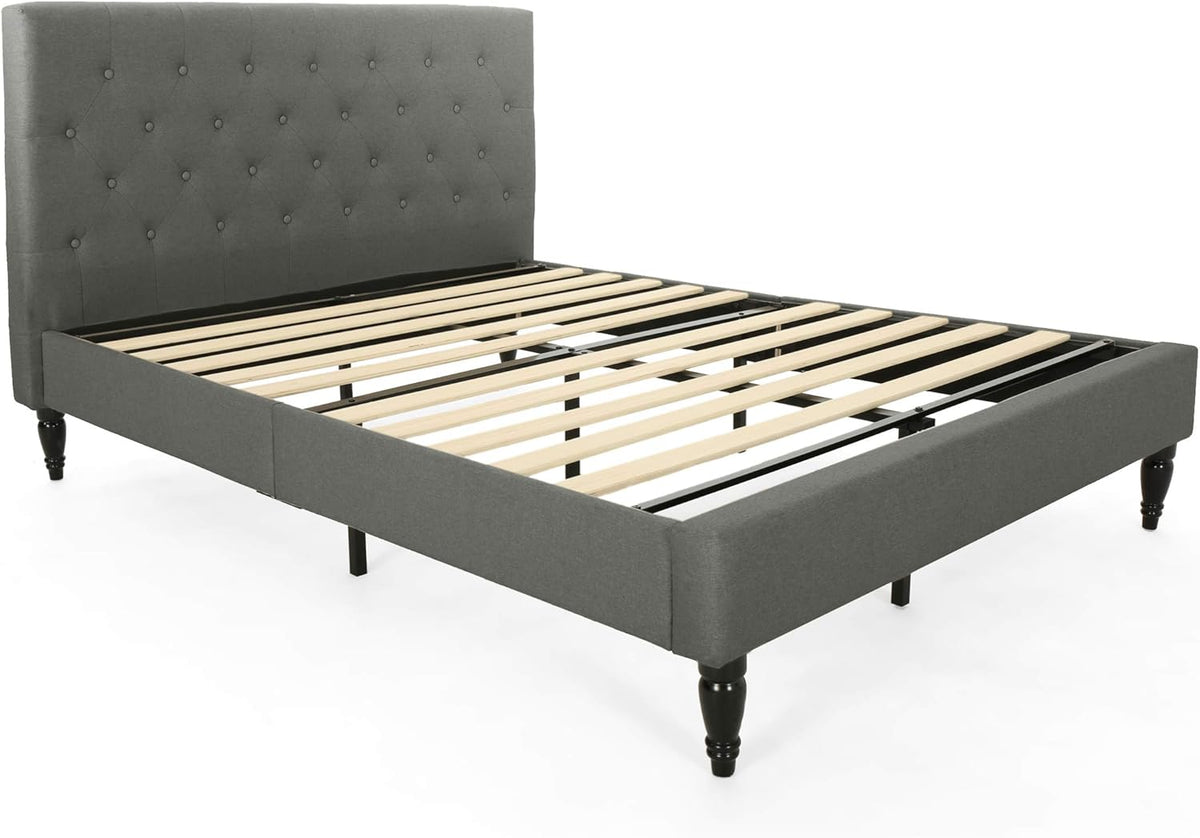 Agnes Fully-Upholstered Queen-Size Platform Bed Frame, Low-Profile, Contemporary, Charcoal Gray, Dark Brown