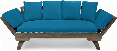 Aldrich Outdoor Acacia Wood Expandable Daybed with Water Resistant Cushions, Dark Teal and Gray