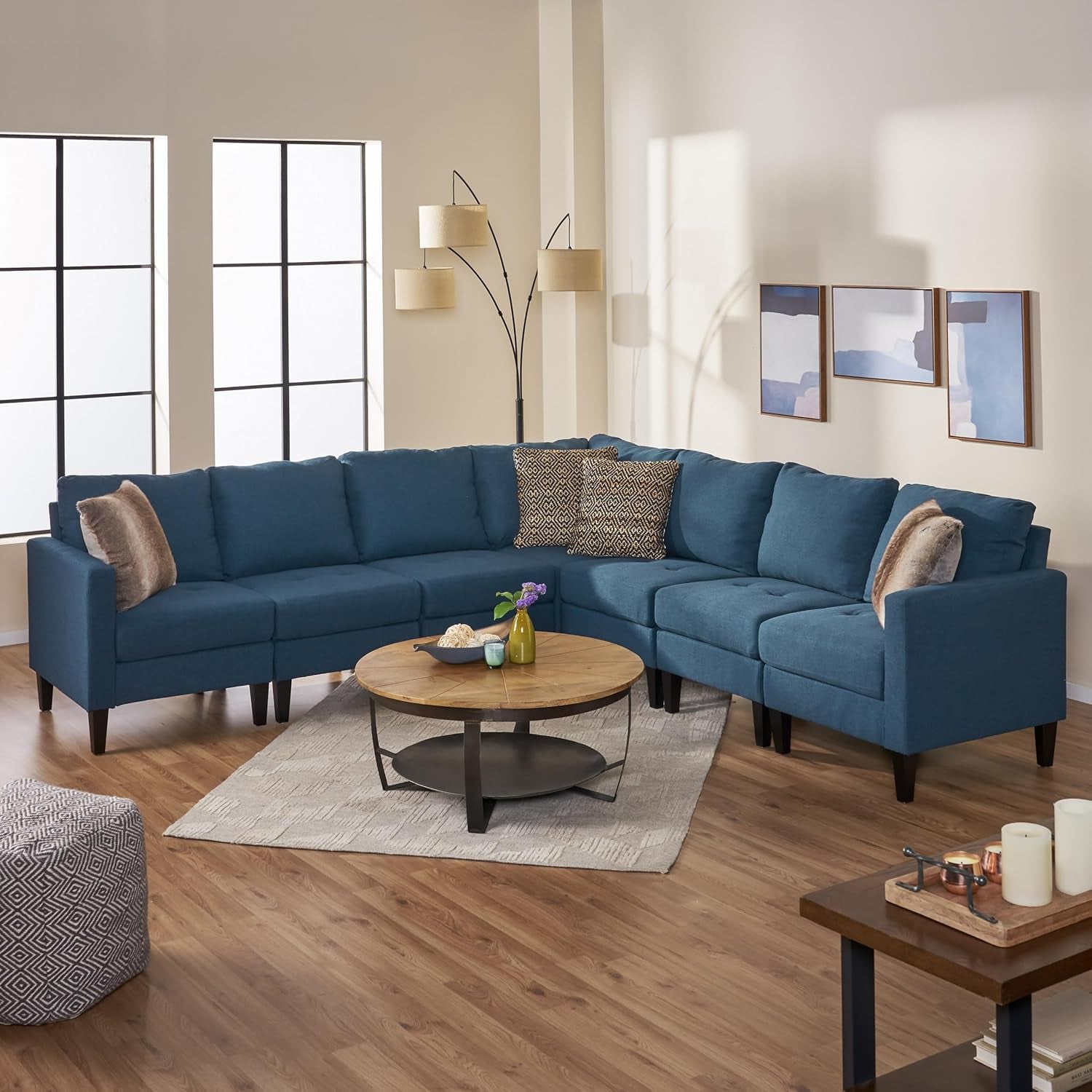 Zahra Fabric Sectional Couch, 7-Pcs Set, Dark Blue