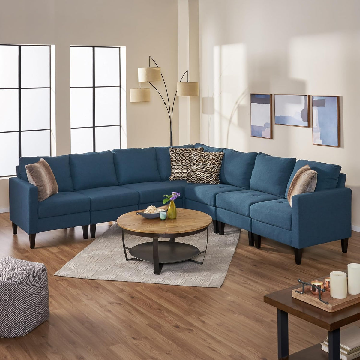 Zahra Fabric Sectional Couch, 7-Pcs Set, Dark Blue