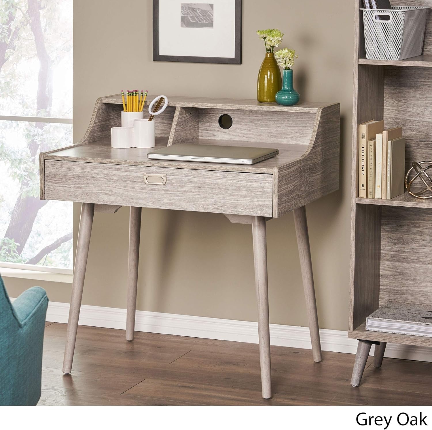 Ellison Mid-Century Modern Fiberboard Home Office Desk, Grey Oak Finish