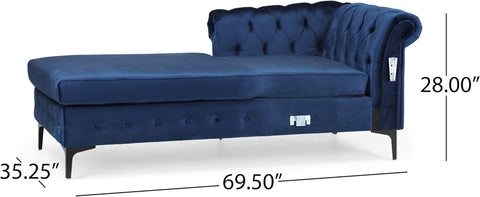 Frieda Velvet 3 Seater Sectional Sofa with Chaise Lounge, Midnight Blue, Black