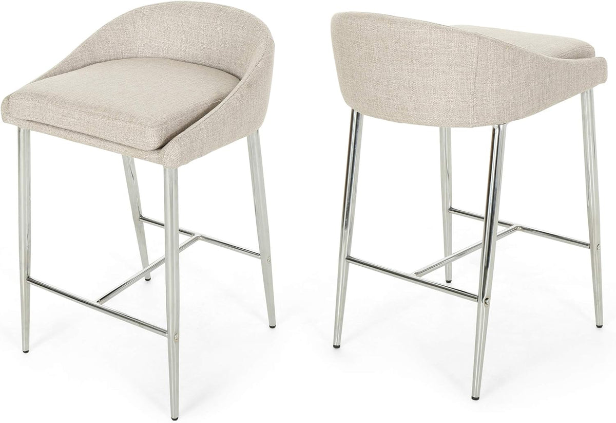 Fanny Counter Stools, Modern, Upholstered, Chrome Iron Legs, Beige (Set of 2)