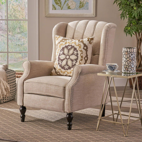 GDF Studio Elizabeth Tufted Fabric Recliner, Vintage Reclining Reading Armchair, Light Beige