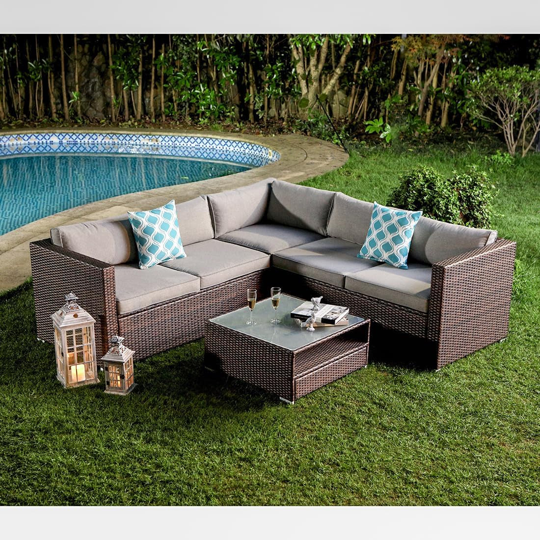 4-Piece Outdoor Furniture Set All-Weather Brown Wicker Sectional Sofa W Warm Gray Thick Cushions, Glass Coffee Table, 2 Teal Pattern Pillows