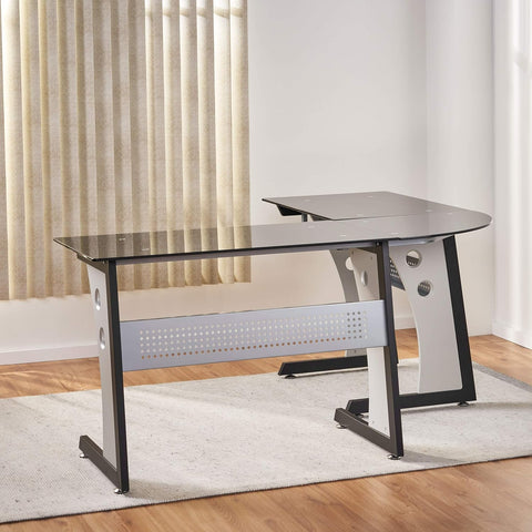 Oria L-Shaped Office Desk with Tempered Glass Top, Black / Grey