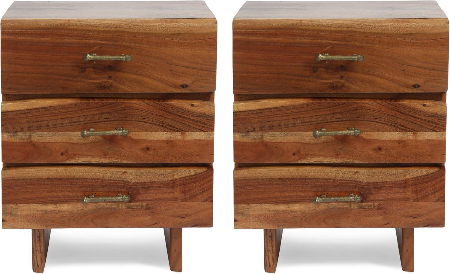 Terrell Handcrafted Boho Acacia Wood 3 Drawer Nightstand (Set of 2), Dark Natural